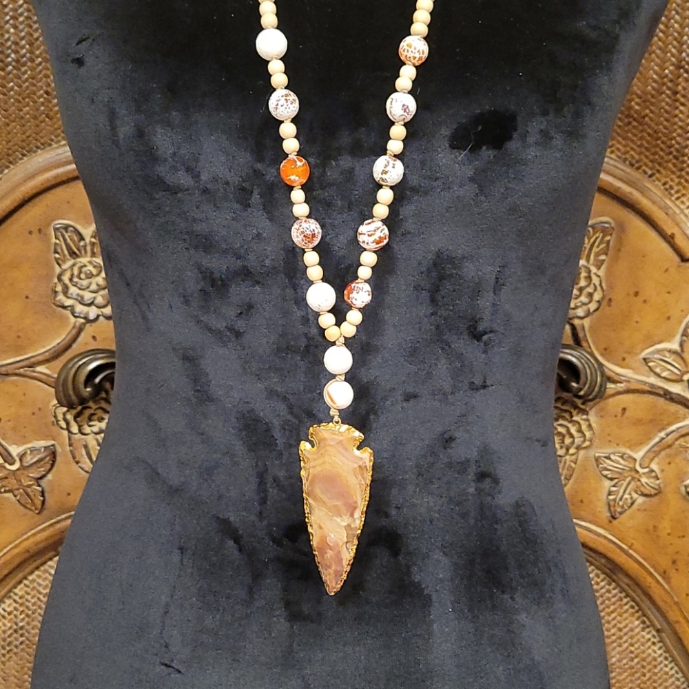 Orange Fire Agate Stone Arrowhead and Glass and Wood Bead Necklace